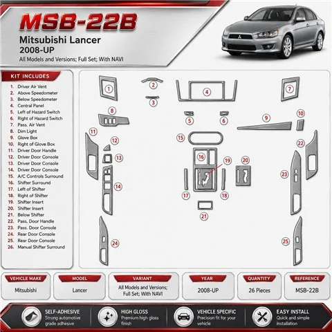 Mitsubishi Lancer 2008-heden Full Set, With NAVI interieur dashboard decoratieset dashboard decor