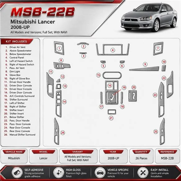 Mitsubishi Lancer 2008-UP Full Set, With NAVI Interior Dashboard Trim Kit Dash Trim Dekor