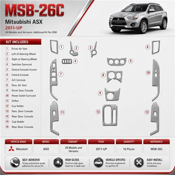 Mitsubishi ASX 2011-Actualidad additional kit fits OEM kit de molduras interiores para salpicadero