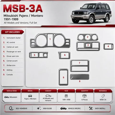 Mitsubishi Pajero/Montero 1991-1999 Full Set, 9 Parts set Interior Dashboard Trim Kit Dash Trim Dekor