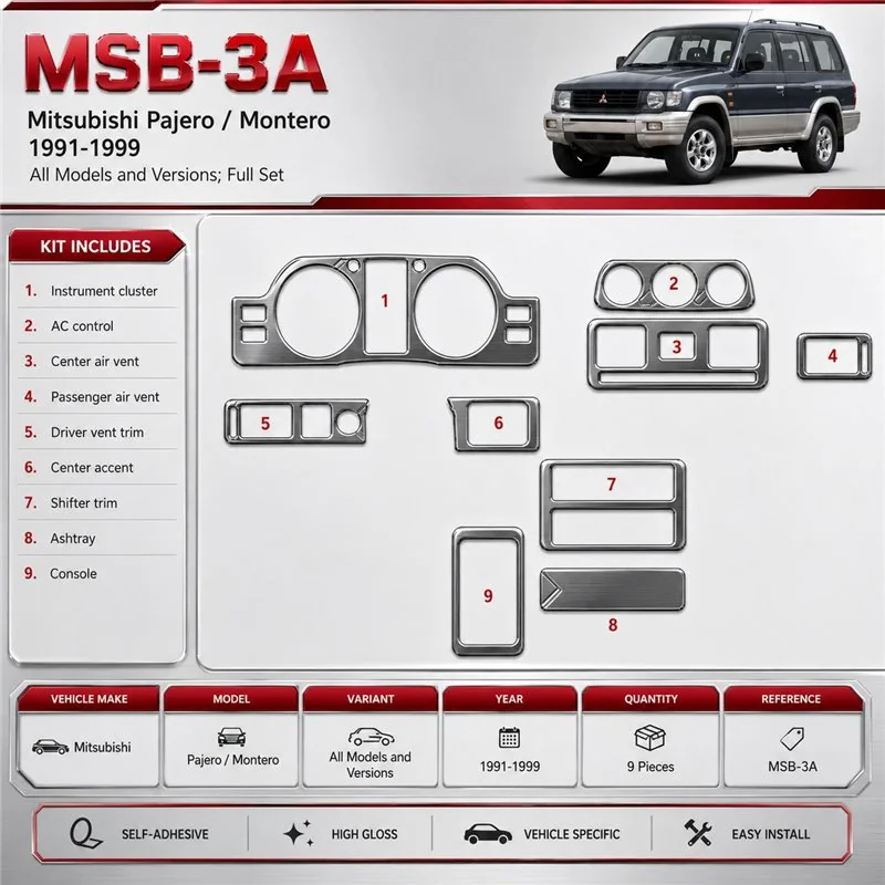 Mitsubishi Pajero/Montero 1991-1999 Full Set, 9 Parts set Interior Dashboard Trim Kit Dash Trim Dekor