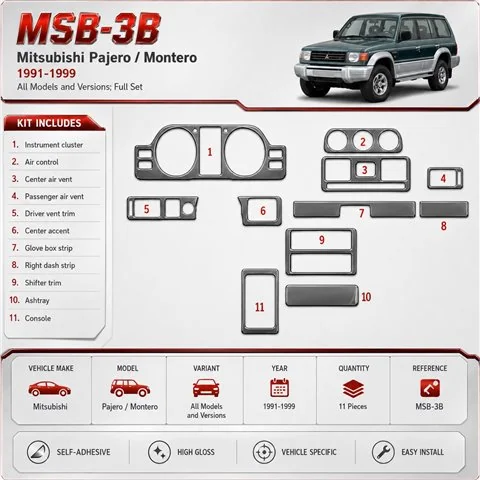 Mitsubishi Pajero/Montero 1991-1999 Full Set, 11 Parts set Interior Dashboard Trim Kit Dash Trim Dekor