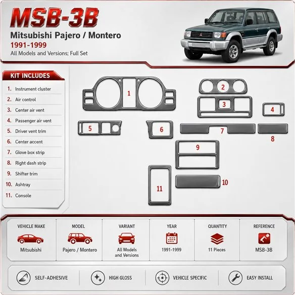 Mitsubishi Pajero/Montero 1991-1999 kit complet, 11 pièces kit décoration intérieure tableau de bord