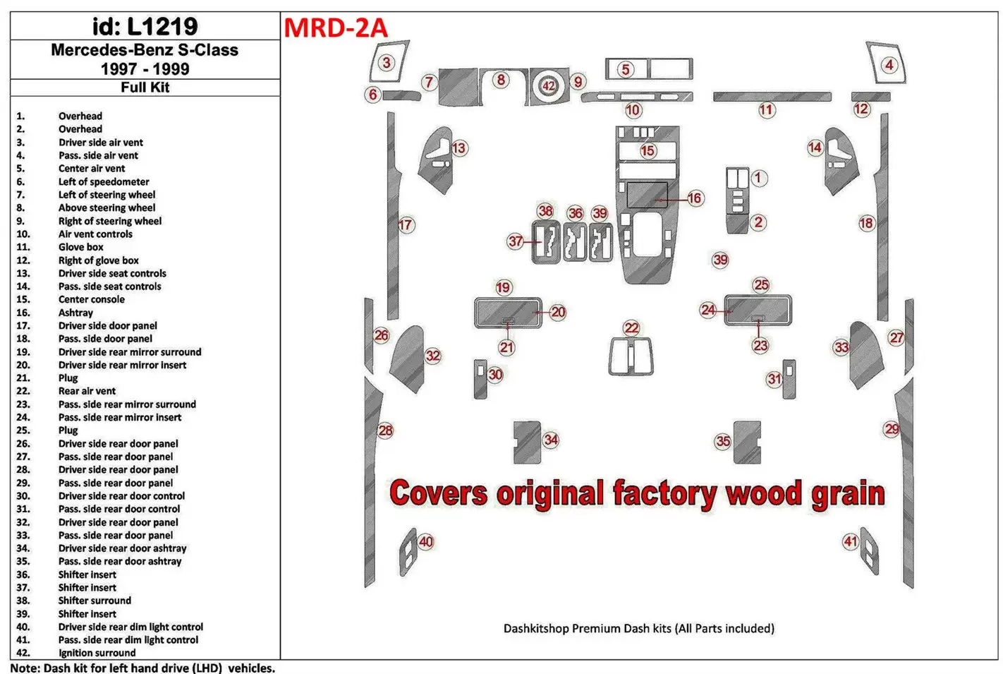 Mercedes Benz S Class 1997-1999 Full Set, Cover All OEM Wood Kit Interior BD Dash Trim Kit