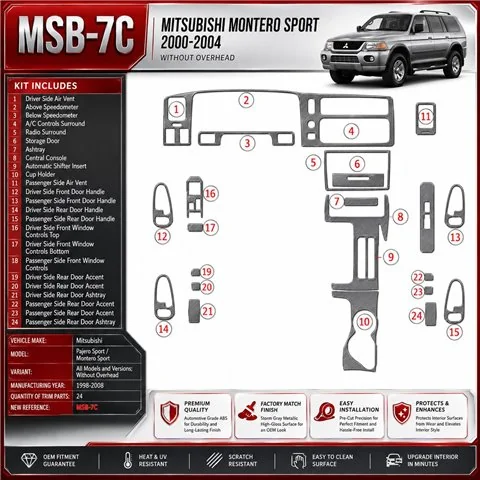Mitsubishi Pajero Sport/Montero Sport 1998-2008 Without Overhead, 24 Parts set Interior Dashboard Trim Kit Dash Trim Dekor