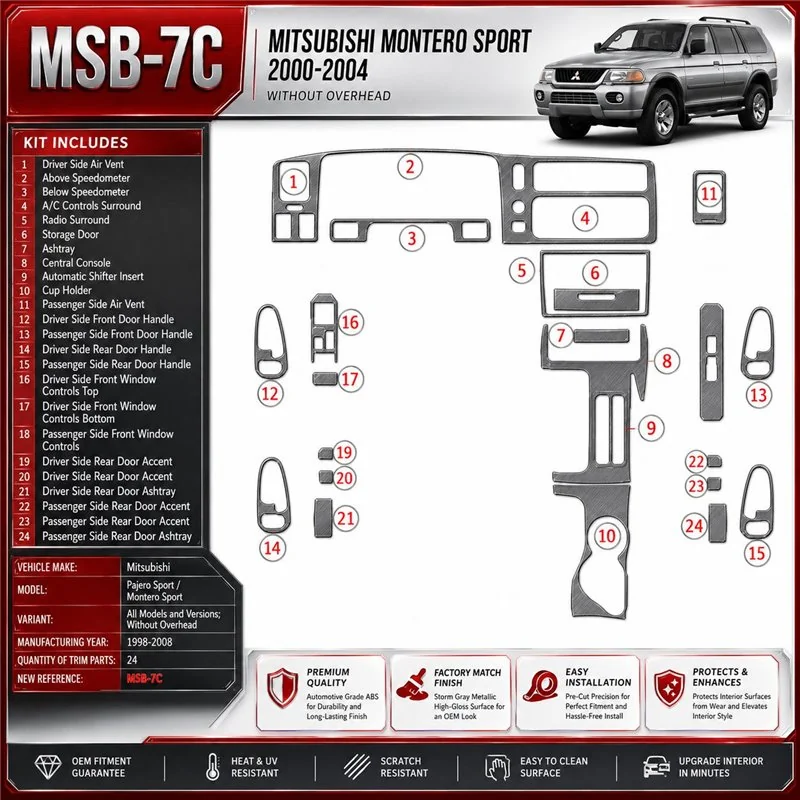 Mitsubishi Pajero Sport/Montero Sport 1998-2008 Without Overhead, 24 piezas set kit de molduras interiores para salpicadero