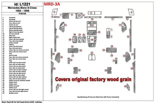 Mercedes Benz S Class 1992-1996 Full Set, Cover All OEM Wood Kit Interior BD Dash Trim Kit