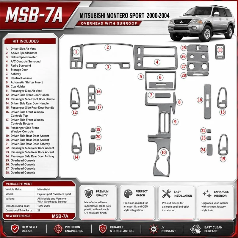 Mitsubishi Pajero Sport/Montero Sport 1998-2008 With Overhead, Sunroof, 28 Parts set Interior Dashboard Trim Kit Dash Trim Dekor
