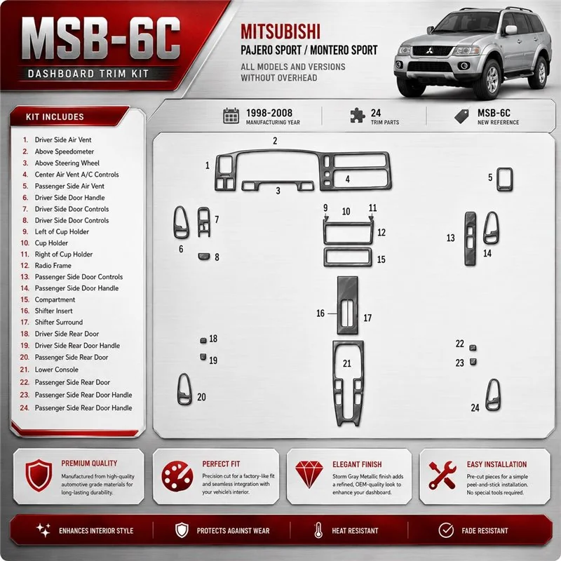 Mitsubishi Pajero Sport/Montero Sport 1998-2008 Without Overhead, 24 piezas set kit de molduras interiores para salpicadero