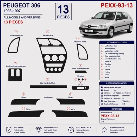 Peugeot 306 1993-1997 kit décor tableau de bord 3D, 13 pièces 2