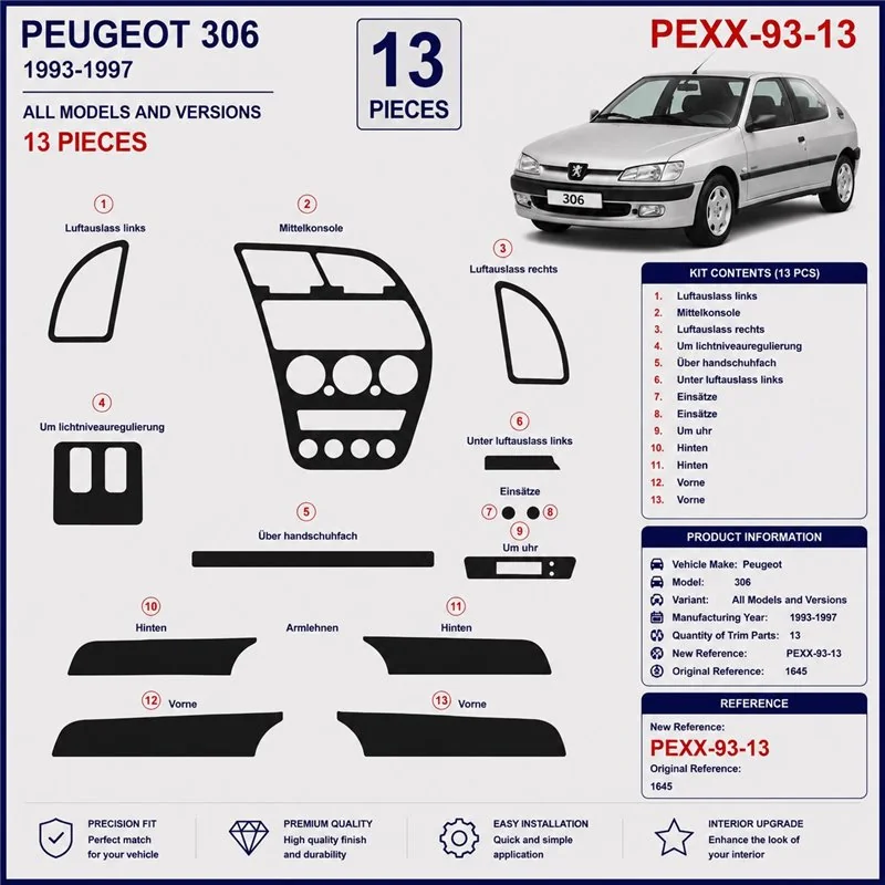 Peugeot 306 1993-1997 kit décor tableau de bord 3D, 13 pièces