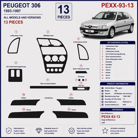 Peugeot 306 1993-1997 kit salpicadero 3D, 13 piezas