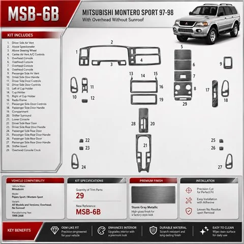Mitsubishi Pajero Sport/Montero Sport 1998-2008 Overhead, No Sunroof, 29 pièces kit décoration intérieure tableau de bord