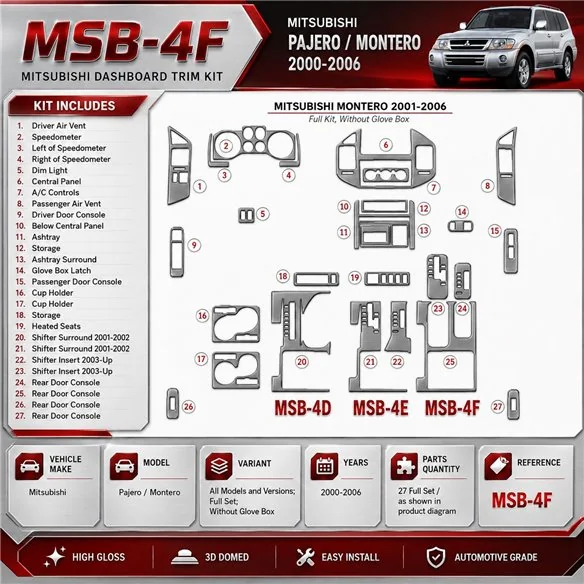 Mitsubishi Pajero/Montero 2000-2006 juego completo, Without glowe-box kit de molduras interiores para salpicadero