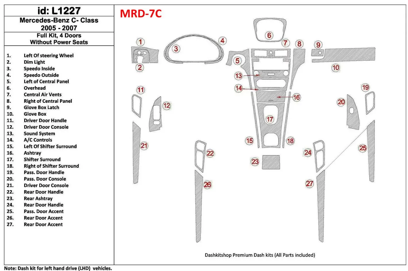 Mercedes Benz C Class 2005-2007 Full Set, 4 Doors Coupe, Without Power Seats Decor de carlinga su interior