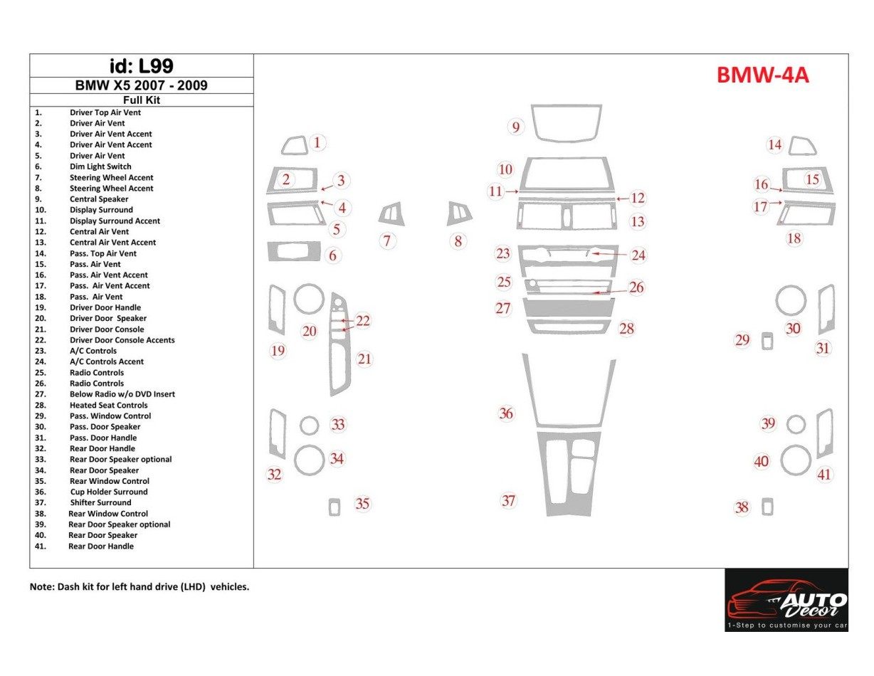 BMW X5 2007-2009 Ensemble Complet BD Kit la décoration du tableau de bord - 1 - habillage decor de tableau de bord