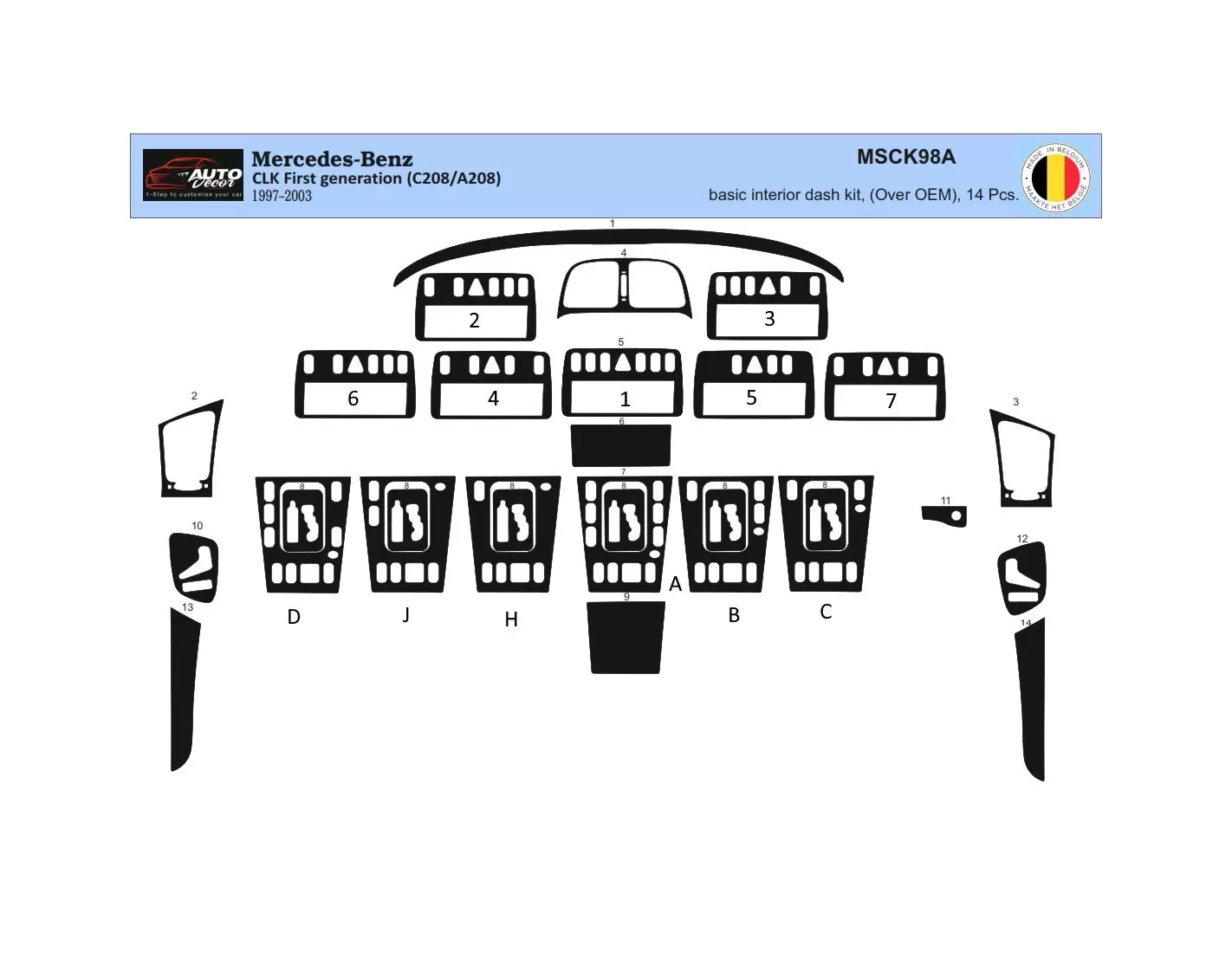 Mercedes Benz W208 CLK C208A208 1997–2003 3D Interior Dashboard Trim Kit Dash Trim Dekor 14-Parts