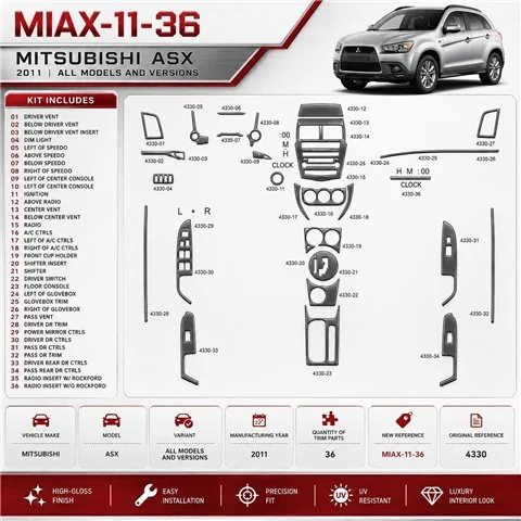 Mitsubishi ASX 2011 3D Cockpit Dekor Interieurleisten Set 36-teilig