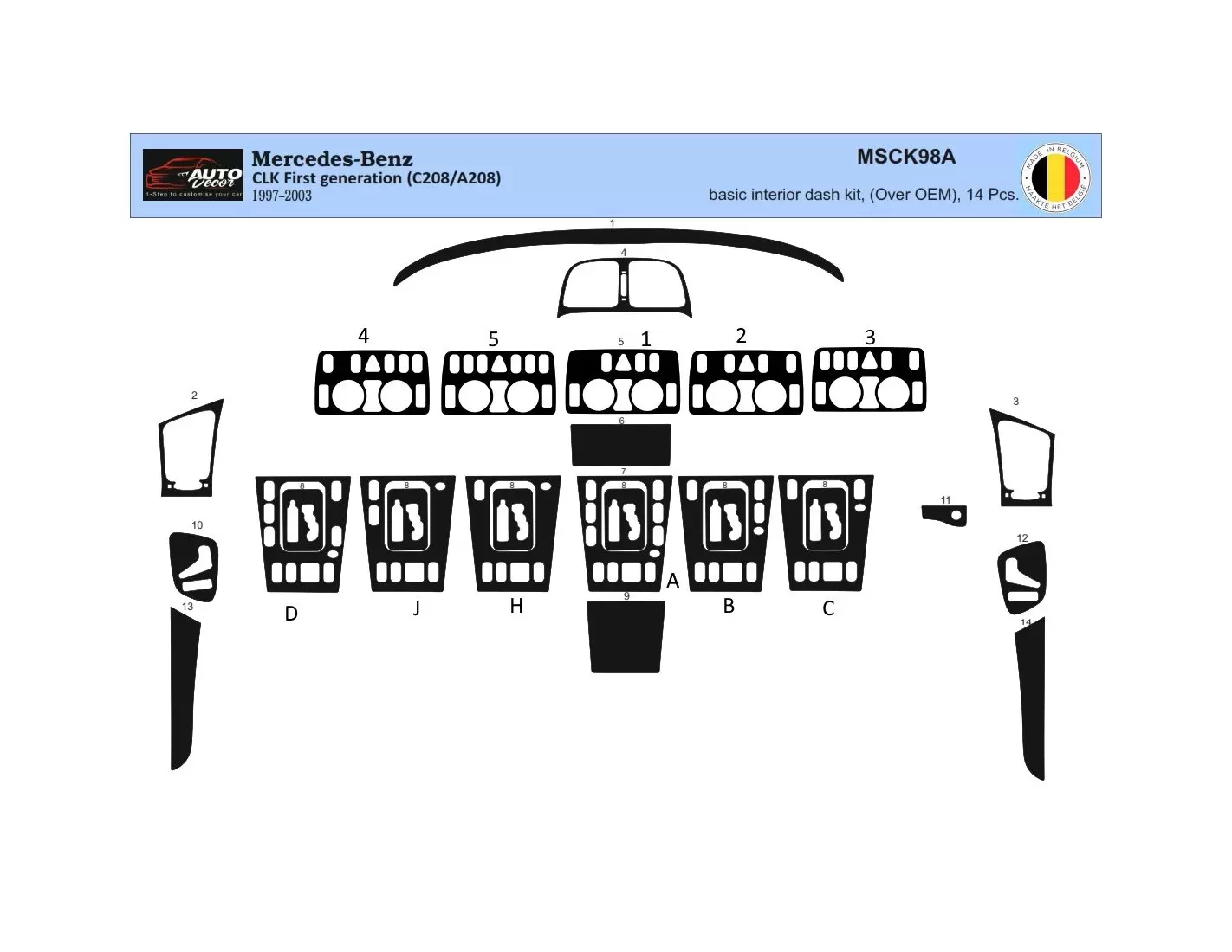 Mercedes Benz W208 CLK-Cabrio 1997–2003 3D Interior Dashboard Trim Kit Dash Trim Dekor 19-Parts