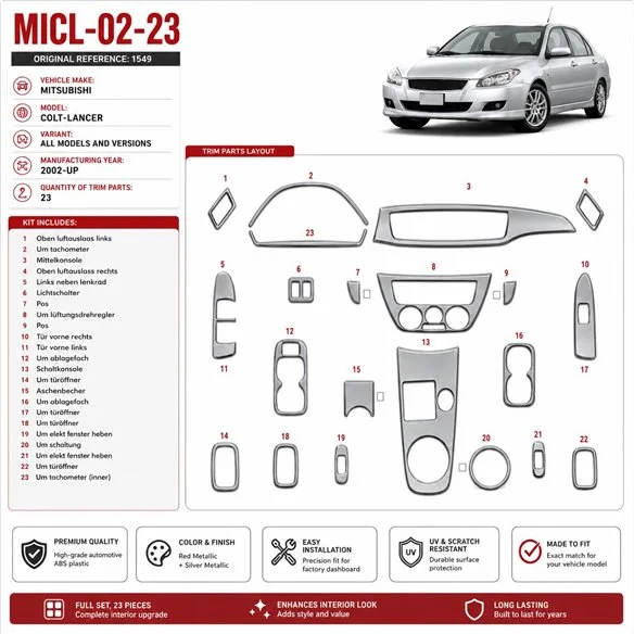 Mitsubishi Colt-Lancer 2002-Actualidad kit 3D de molduras interiores para salpicadero 23 piezas