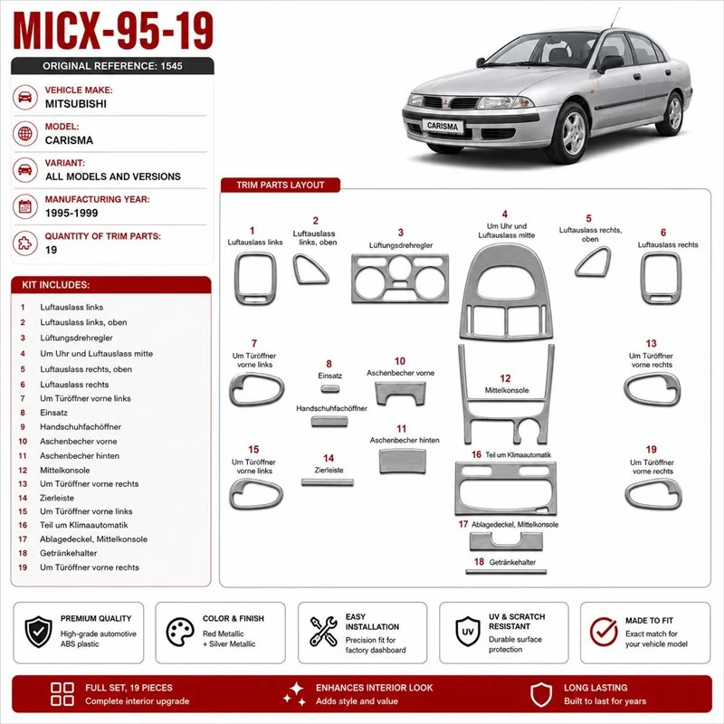 Mitsubishi Carisma 1995-1999 3D Interior Dashboard Trim Kit Dash Trim Dekor 19-Parts