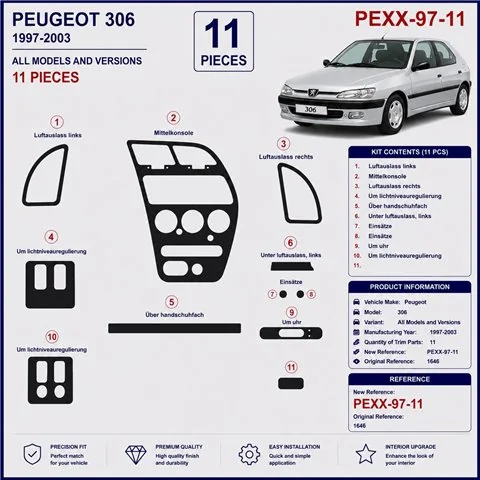 Peugeot 306 1997-2003 3D dashboard trim kit, 11 parts 2