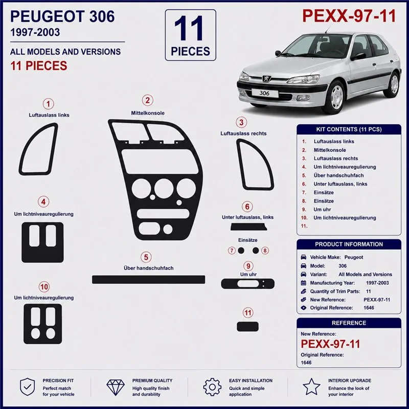 Peugeot 306 1997-2003 3D dashboard sierlijstset, 11 delen
