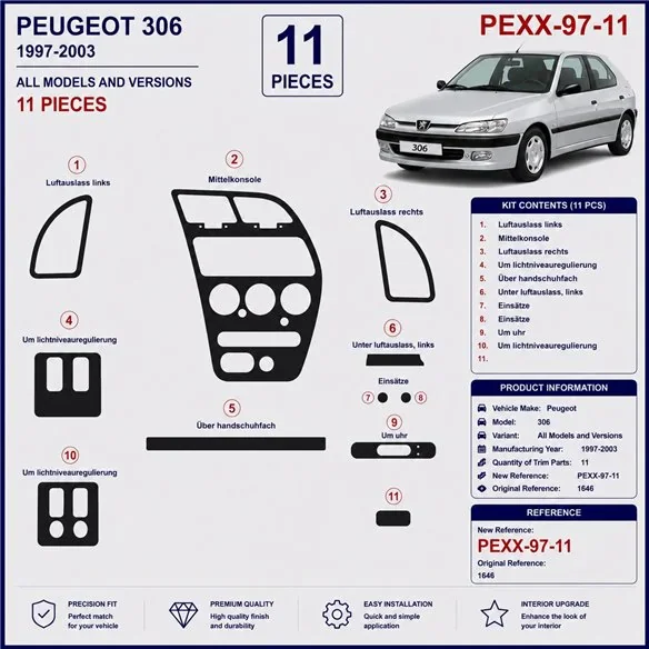 Peugeot 306 1997-2003 kit salpicadero 3D, 11 piezas