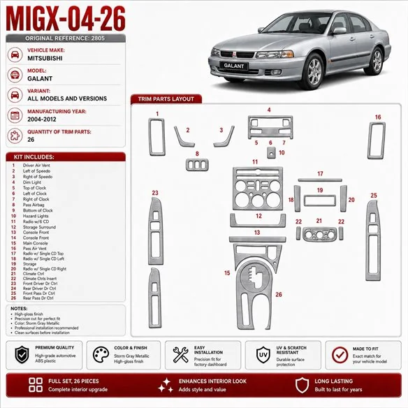 Mitsubishi Galant 2004-2012 Interior Dashboard Trim Kit Dash Trim Dekor 26 Parts