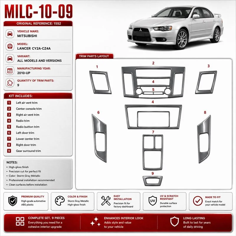 Mitsubishi Lancer CY2A–CZ4A 2010 - à aujourd’hui 3D kit décoration intérieure tableau de bord 9 pièces