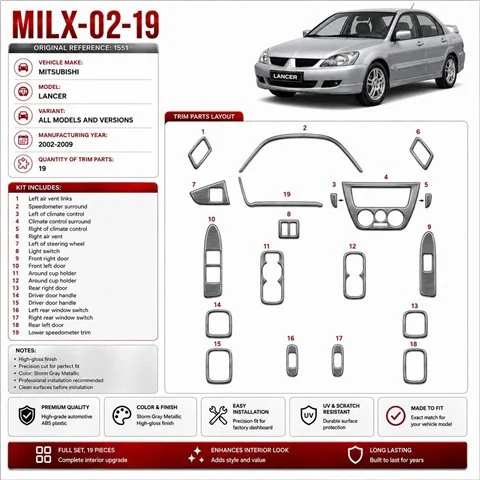 Mitsubishi Lancer 2002-2009 3D interieur dashboard decoratieset dashboard decor 19-delen