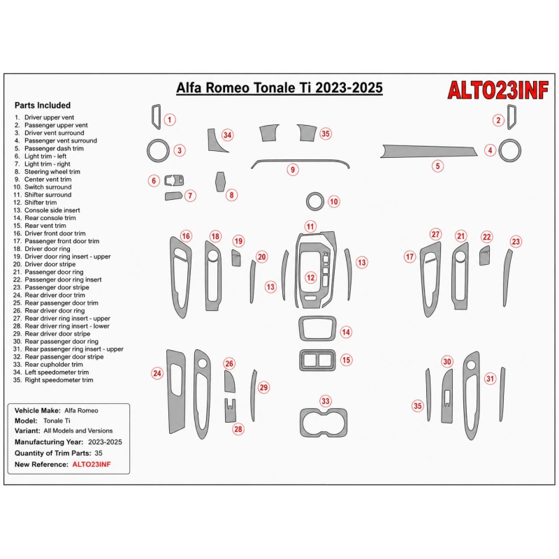 Alfa-Romeo Tonale Ti 2023-2025 3D dashboard trim kit, 35 parts