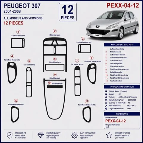 Peugeot 307 2004-2008 kit décor tableau de bord 3D, 12 pièces 2