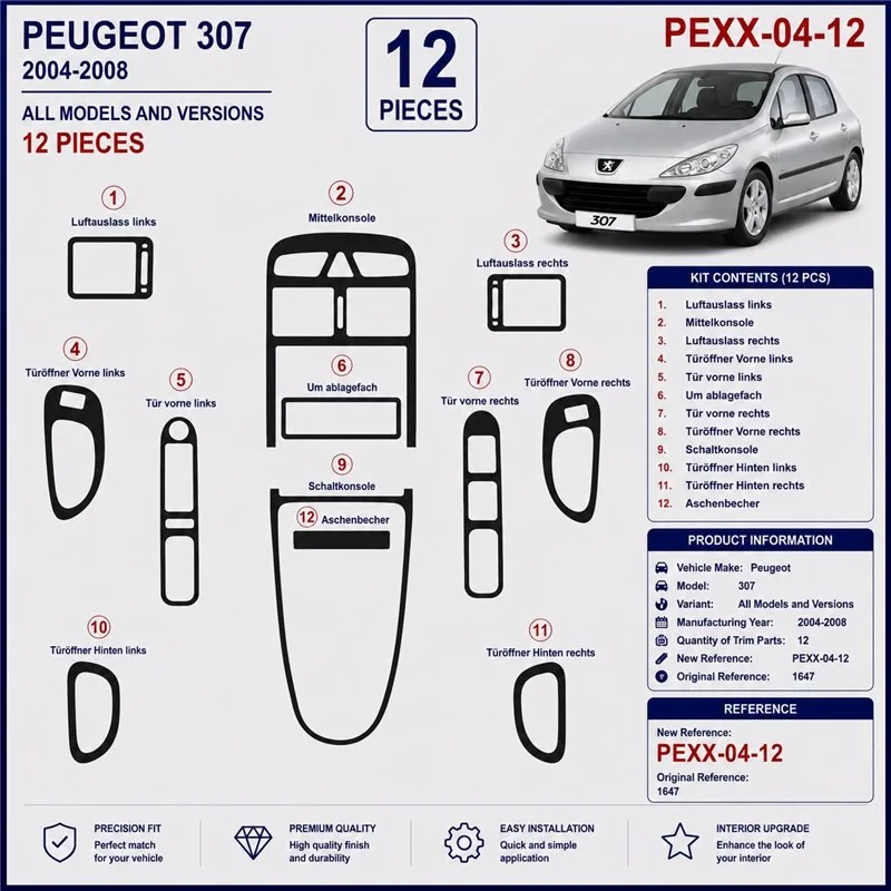 Peugeot 307 2004-2008 3D dashboard trim kit, 12 parts