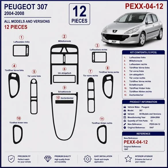 Peugeot 307 2004-2008 3D Armaturenbrett-Dekor-Set, 12 Teile