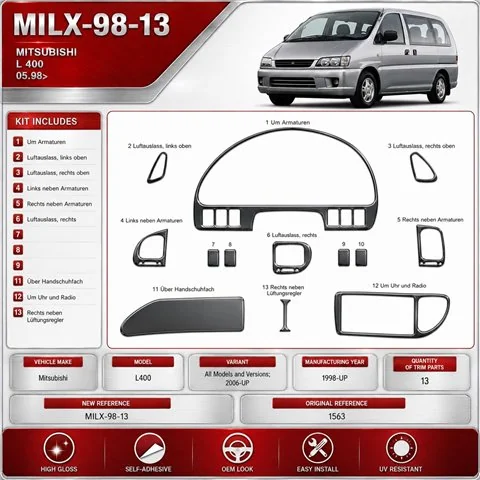 Mitsubishi L 400 1998-UP 2006-UP 3D Interior Dashboard Trim Kit Dash Trim Dekor 13-Parts
