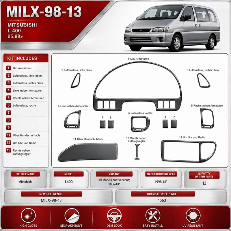 Mitsubishi L 400 1998-Actualidad 2006-Actualidad kit 3D de molduras interiores para salpicadero 13 piezas