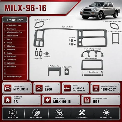Mitsubishi L 200 1996-2007 kit 3D de molduras interiores para salpicadero 16 piezas
