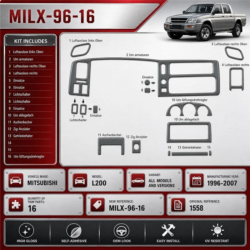 Mitsubishi L 200 1996-2007 kit 3D de molduras interiores para salpicadero 16 piezas