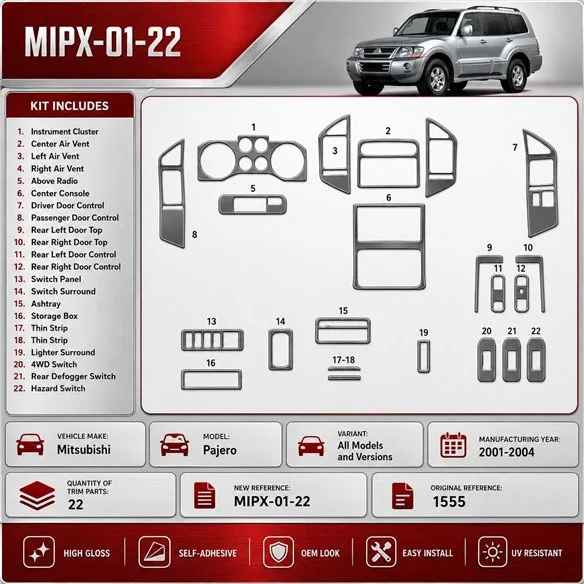 Mitsubishi Pajero 2001-2004 kit 3D de molduras interiores para salpicadero 22 piezas