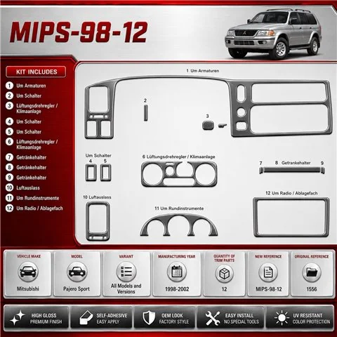 Mitsubishi Pajero Sport 1998-2002 3D kit décoration intérieure tableau de bord 12 pièces