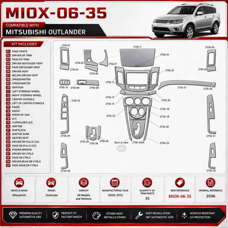 Mitsubishi Outlander 2006-2012 kit de molduras interiores para salpicadero 35 piezas