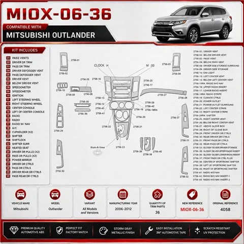 Mitsubishi Outlander 2006-2012 kit décoration intérieure tableau de bord 36 pièces