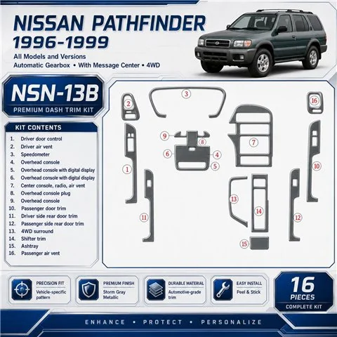 Nissan Pathfinder 1996-1999 Auto Gear, With Message Center, 4WD, 16 delen set interieur dashboard decoratieset dashboard decor