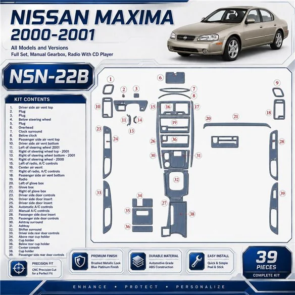 Nissan Maxima 2000-2001 Full Set, Manual Gearbox, Radio With CD Player, 39 delen set interieur dashboard decoratieset dashboard 