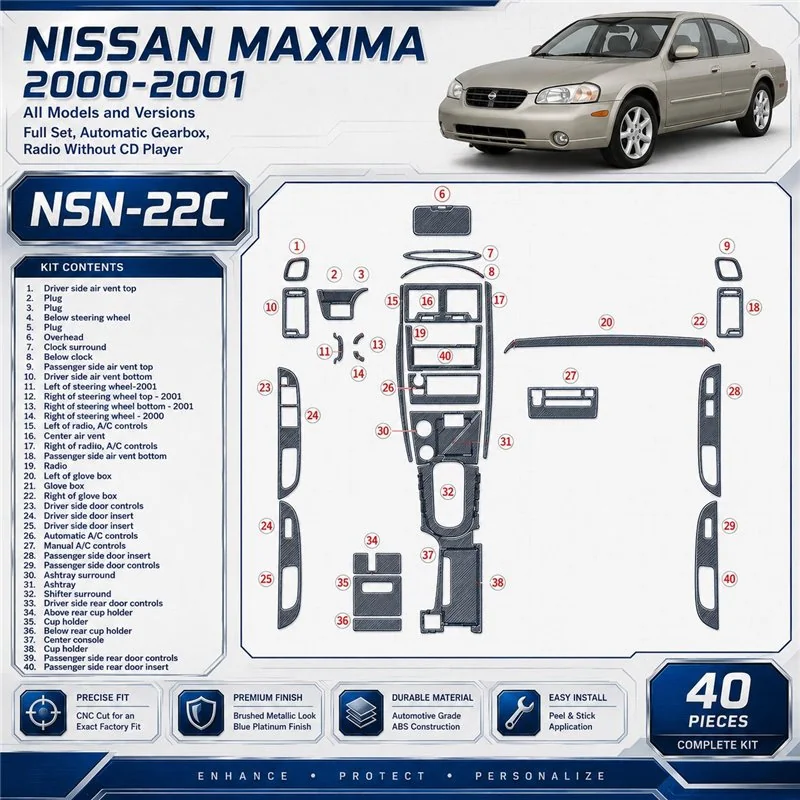 Nissan Maxima 2000-2001 Full Set, Auto Gear, Radio Without CD Player, 40 Parts set Interior Dashboard Trim Kit Dash Trim Dekor
