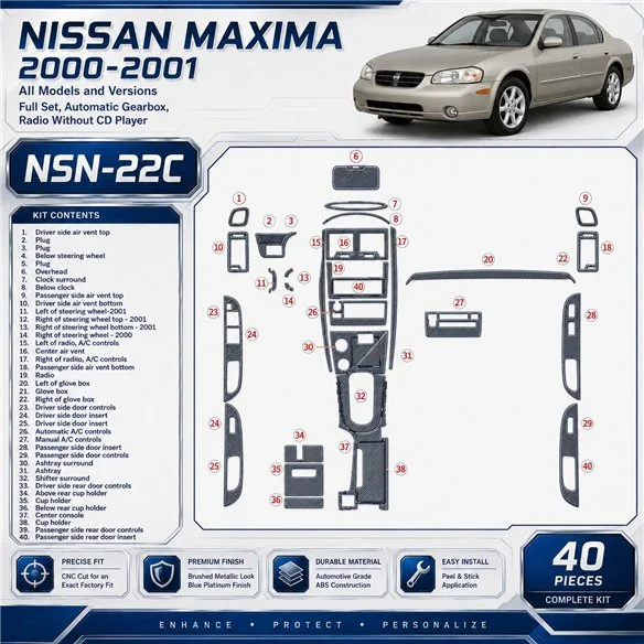 Nissan Maxima 2000-2001 Full Set, Auto Gear, Radio Without CD Player, 40 Parts set Interior Dashboard Trim Kit Dash Trim Dekor