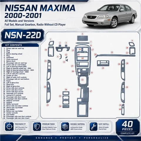 Nissan Maxima 2000-2001 Full Set, Manual Gear, Radio Without CD Player, 40 Parts set Interior Dashboard Trim Kit Dash Trim Dekor