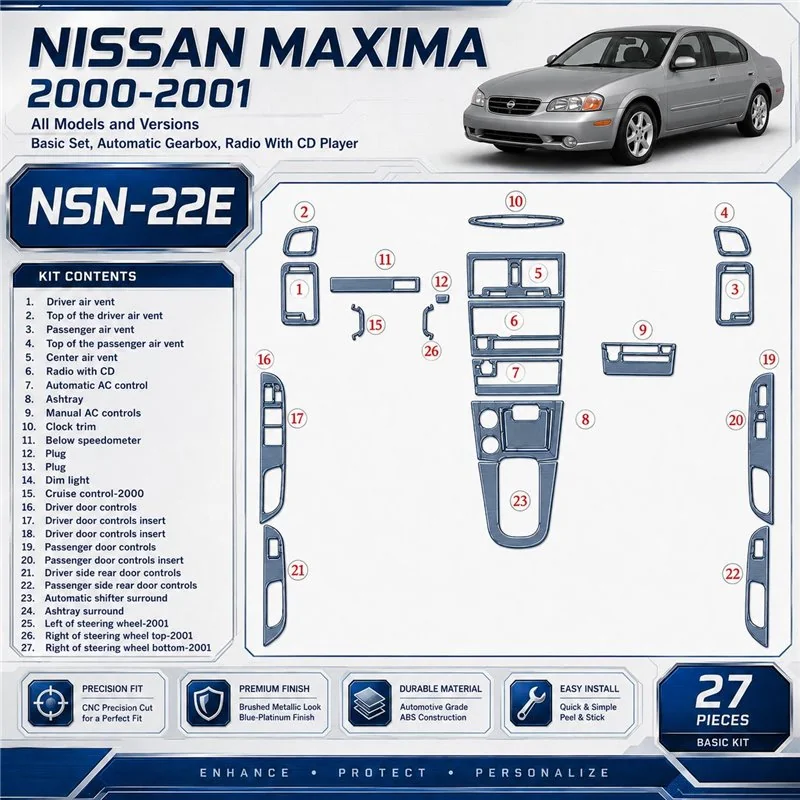 Nissan Maxima 2000-2001 Basic Set, Auto Gear, Radio With CD Player, 27 Parts set Interior Dashboard Trim Kit Dash Trim Dekor