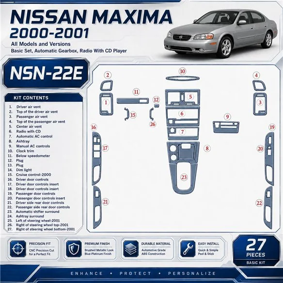 Nissan Maxima 2000-2001 Basic Set, Auto Gear, Radio With CD Player, 27 delen set interieur dashboard decoratieset dashboard deco